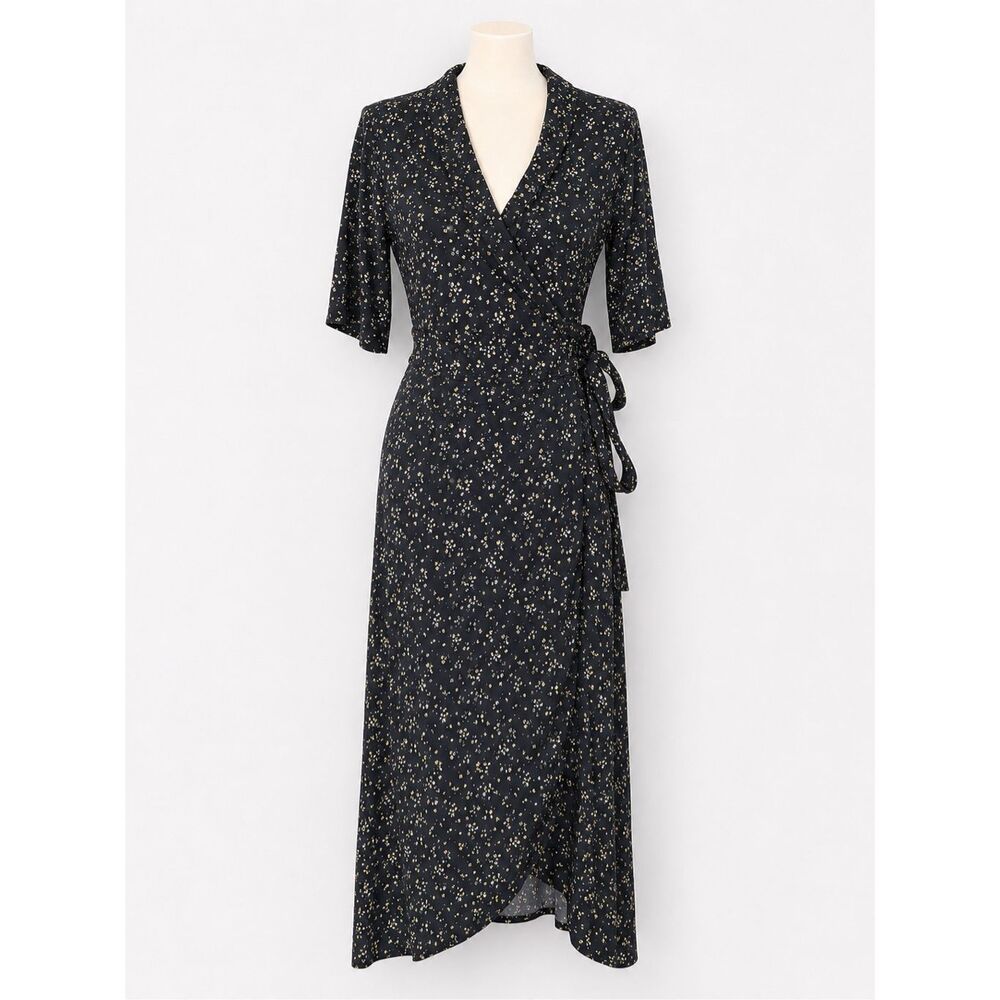 Ganni Women’s Wrap Midi Dress Size 38 Black Ditsy Floral Tie Waist Minimalist